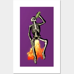 Dead funny Skeleton drink, drinking, drunk, bottle flaming fart Posters and Art